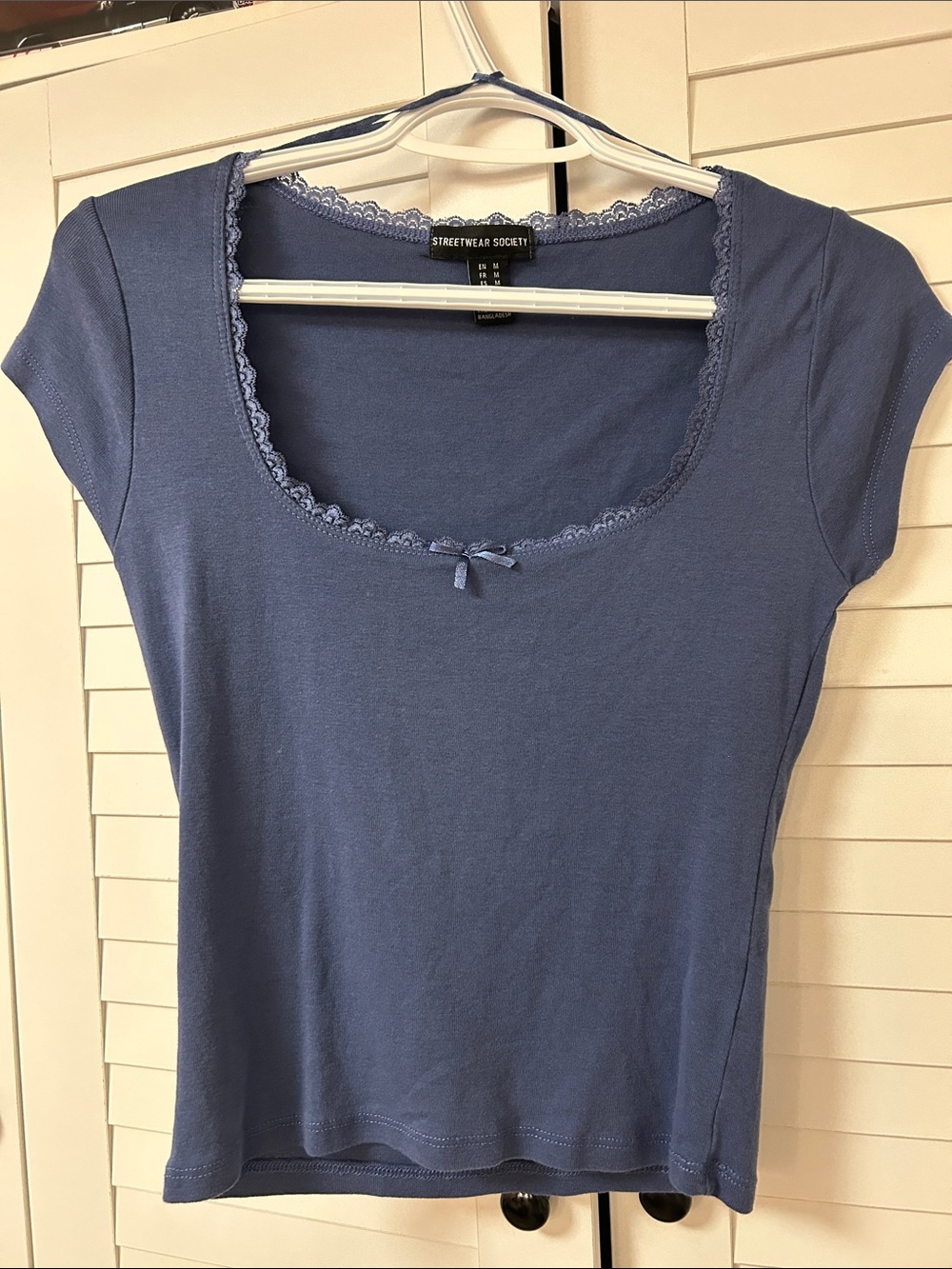 Streetwear Society Scoop Neck Lace-Trim Top in Dusty Blue
